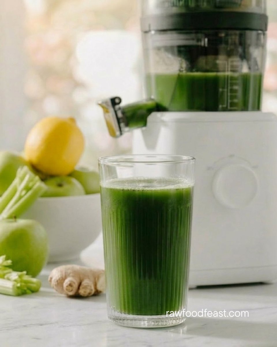 A vibrant glass of morning detox juice standing beside a white cold-press juicer, ready to hydrate the body and wake up the liver with minerals and plant enzymes.