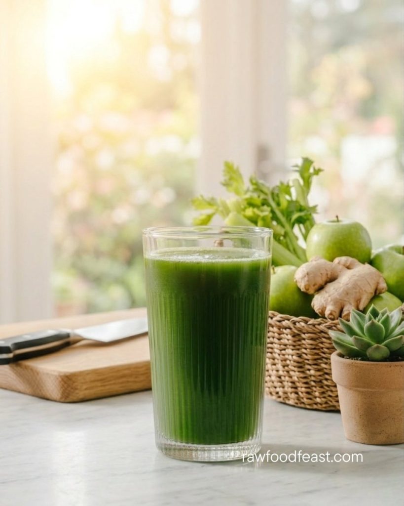 A refreshing morning detox juice rich in ginger and lemon, served in a ribbed glass next to a basket of crisp green apples and celery to support natural digestion and mental clarity.