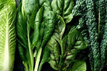 Dark leafy greens including romaine, spinach, chard, kale, and savoy cabbage laid flat — raw foods that help clear brain fog naturally