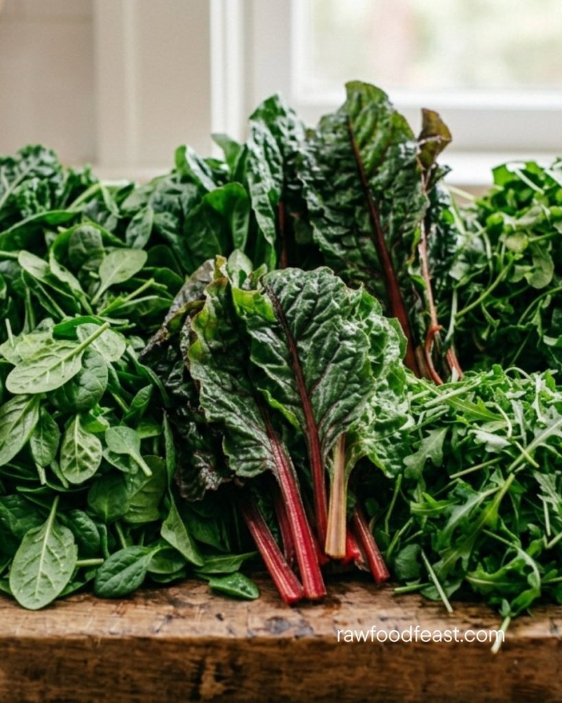 Dark leafy greens including spinach, chard, and arugula that help clear brain fog naturally by supporting serotonin production.