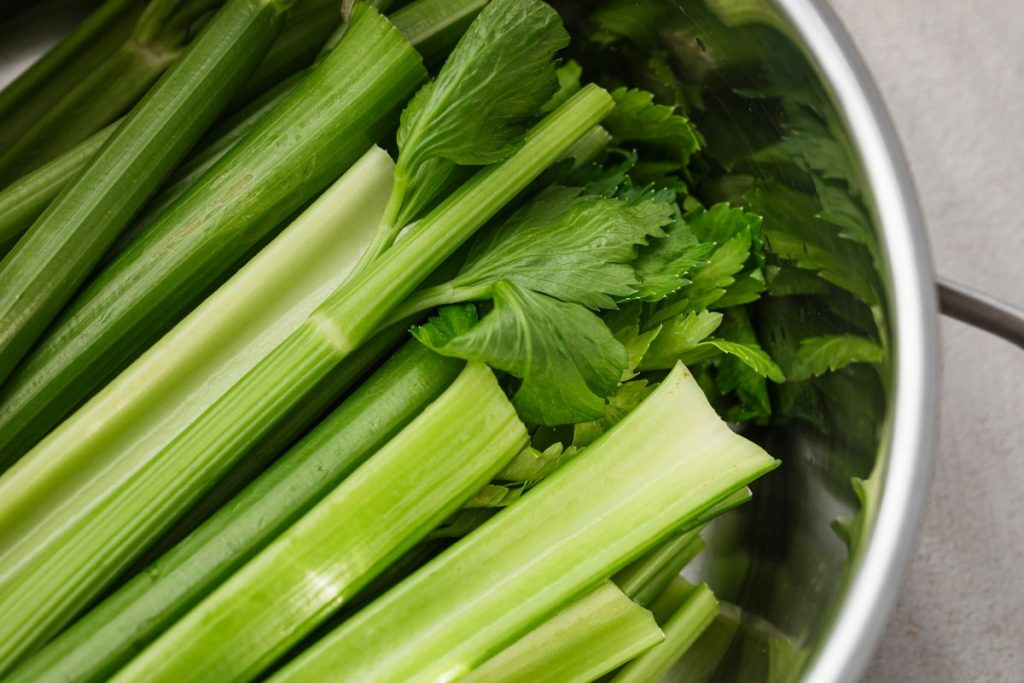 Fresh celery stalks with leaves soaking in a stainless steel bowl of water ready for washing before juicing.