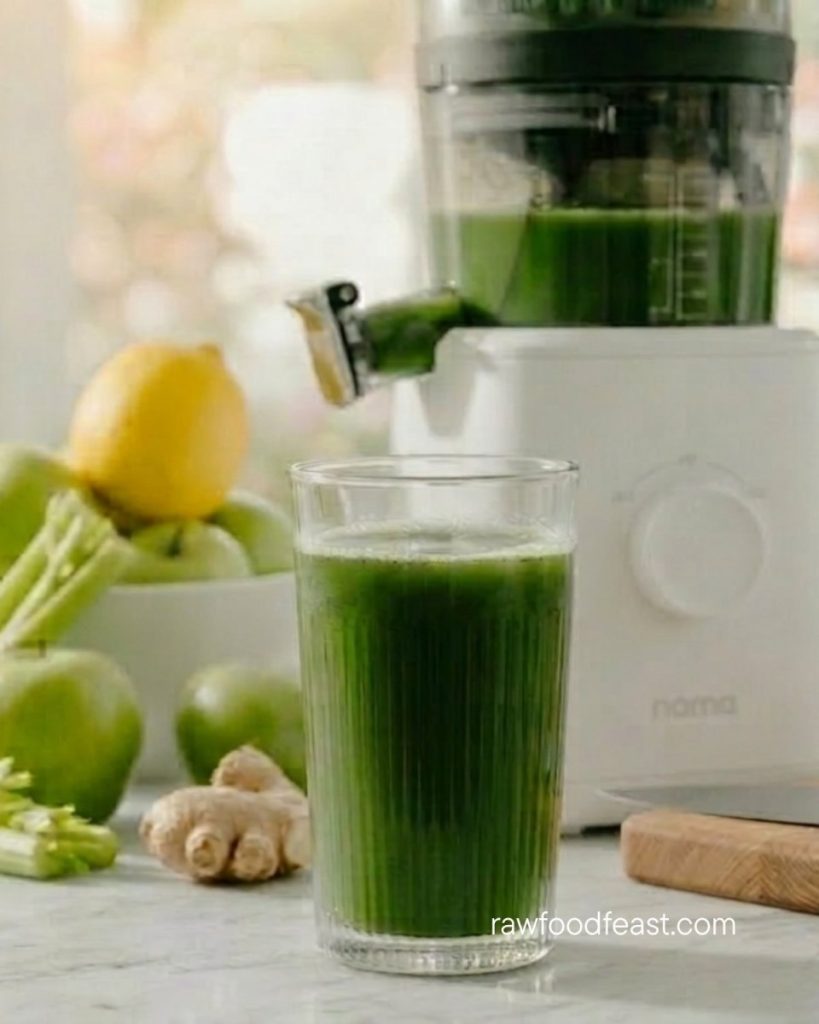 Fresh green juice with celery, apple, and ginger pouring from a Nama J2 cold-press juicer to clear brain fog naturally.