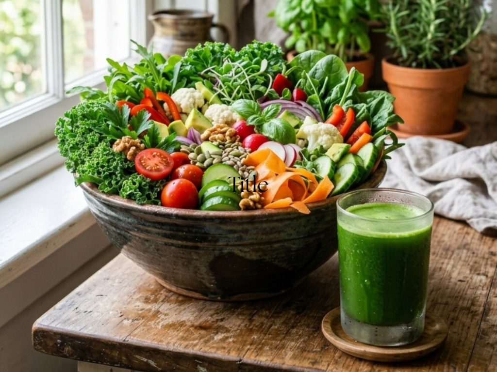 A massive, overflowing ceramic bowl filled with a variety of leafy greens, tomatoes, and carrots next to a glass of vibrant green juice, showing how to combine juicing and whole foods to fix signs of fiber deficiency.