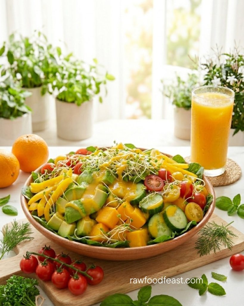 A large bowl filled with a mixed salad of mango, avocado, cucumber, yellow peppers, and cherry tomatoes. Alfalfa sprouts are mixed in, and a yellow dressing is drizzled over the top. A glass of orange juice and a bunch of small tomatoes on the vine are on the table next to it that helps to stop bloating on raw food.