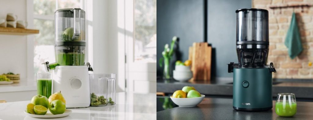 Nama J2 and Hurom H320N cold press juicers side by side — two of the best hands-free cold press juicers for making fresh celery juice daily.