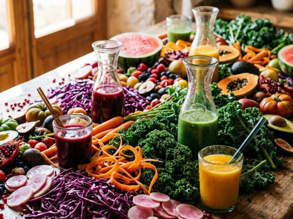 A vibrant spread of raw vegetables, juices, and smoothies on a rustic table, illustrating the 30-plant variety needed to heal the gut and reverse signs of fiber deficiency.