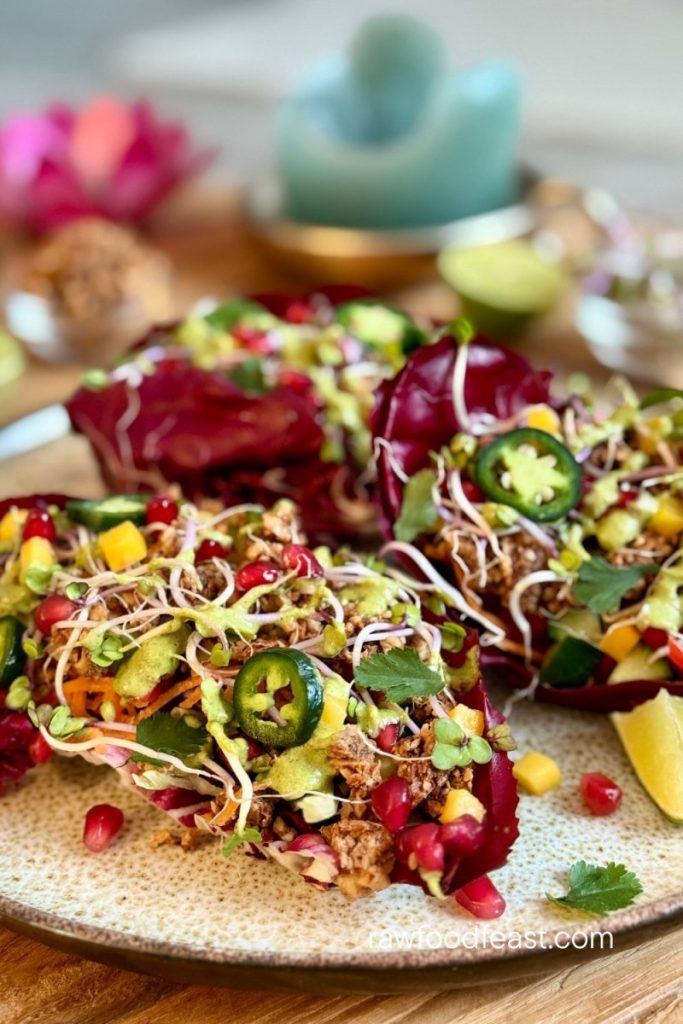 Close up of a radicchio taco filled with smoky walnut meat, sprouts, pomegranate seeds, and a drizzle of green cilantro lime dressing.