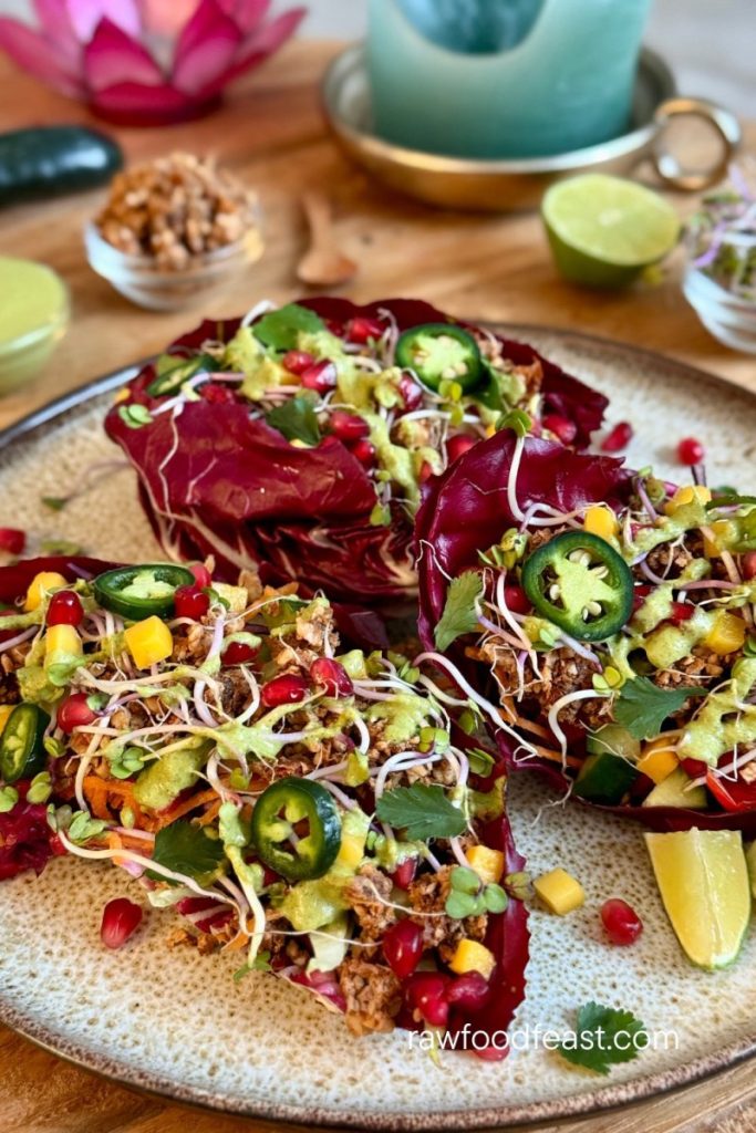 Three smoky walnut tacos arranged on a ceramic platter, garnished with pomegranate, sprouts, and mango with a bowl of walnut meat in the background.
