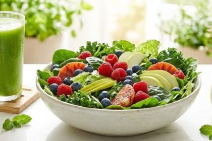 A vibrant, sun-drenched flat lay of a tall cold-pressed green juice next to a massive bowl of raw leafy greens and whole berries on a white marble table with a lush garden background.