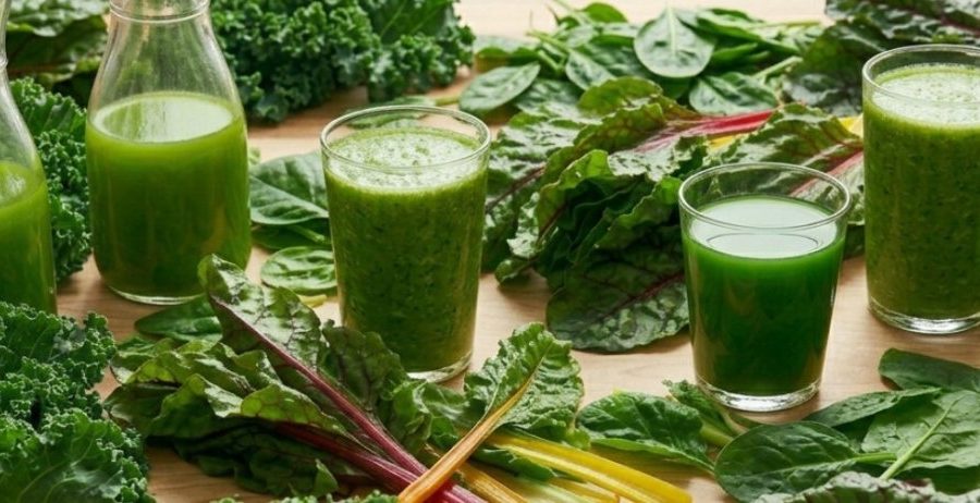 Are oxalates bad for you — glasses and bottles of green juice surrounded by kale, spinach, and rainbow chard