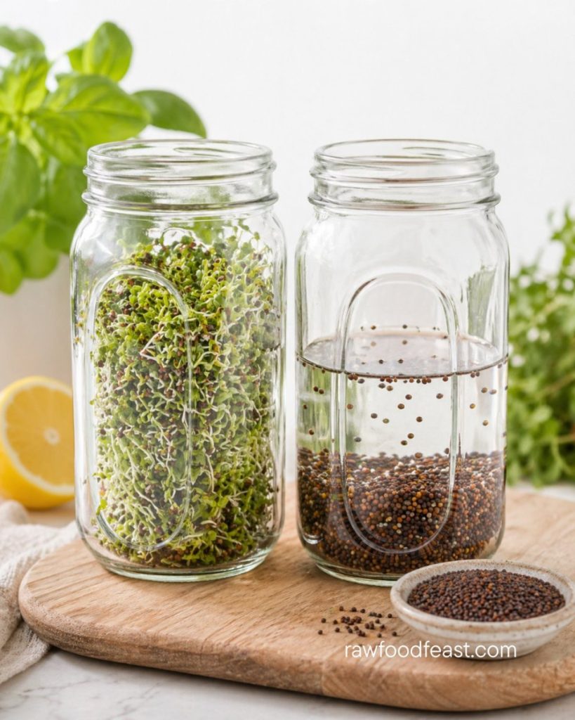 Two glass sprouting jars with broccoli sprouts at different stages — one fully grown and one just starting — with a bowl of broccoli seeds and fresh herbs