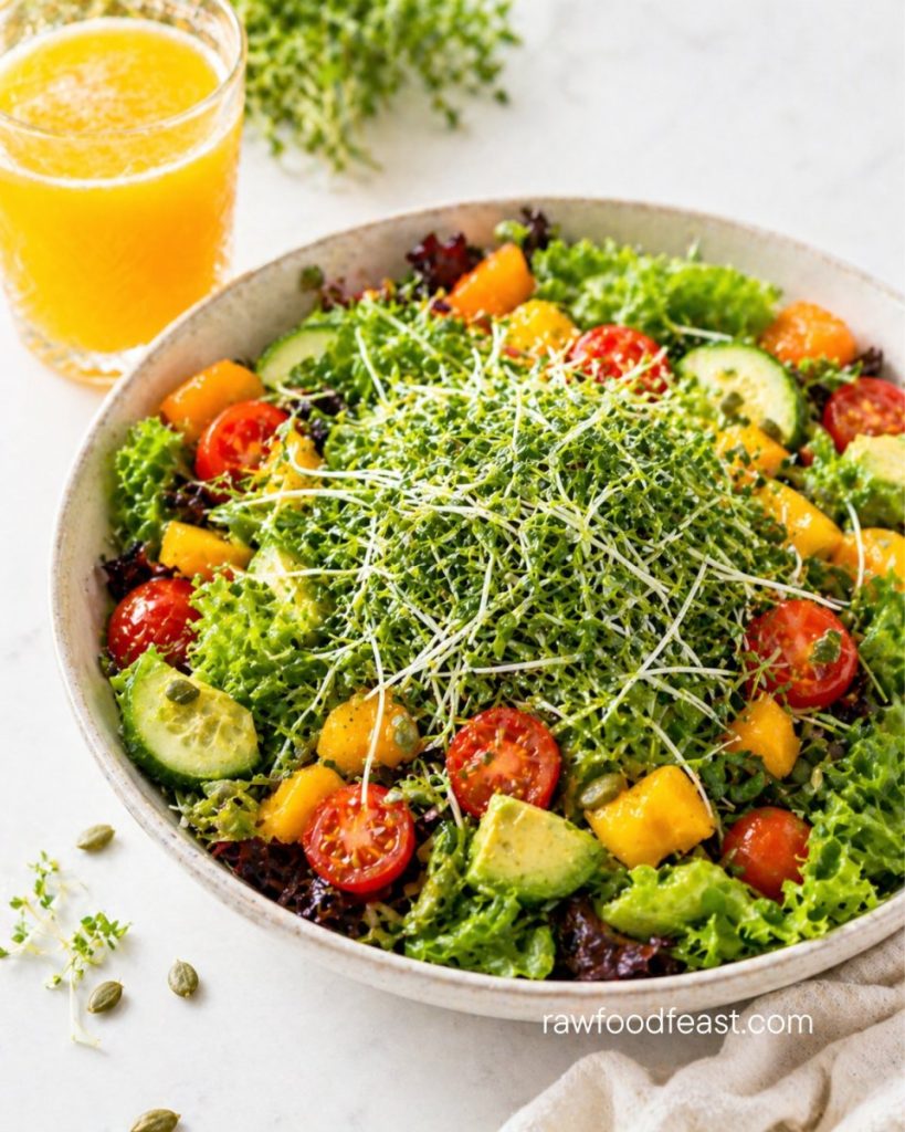 Raw salad bowl topped with broccoli sprouts, avocado, cherry tomatoes, cucumber, mango, and leafy greens — how to eat broccoli sprouts every day