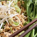 Raw Dan Dan noodles in a teal bowl with kelp noodles, bean sprouts, and fresh broccolini on a light wood surface