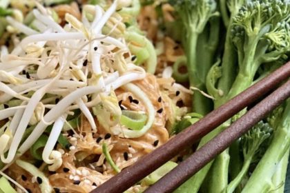 Raw Dan Dan noodles in a teal bowl with kelp noodles, bean sprouts, and fresh broccolini on a light wood surface