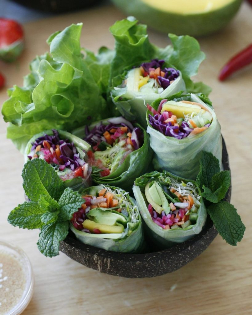 Fresh spring rolls filled with colorful raw vegetables and mint — whole food nutrition that makes you rethink do I need supplements