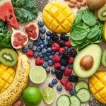 Does food combining work — abundant spread of fresh fruit, leafy greens, avocado, nuts and seeds on a light surface