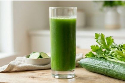 Tall glass of green juice with celery and cucumber on a light wood surface — does juicing help with microplastics through daily liver and lymph support
