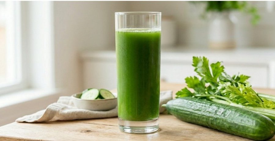 Tall glass of green juice with celery and cucumber on a light wood surface — does juicing help with microplastics through daily liver and lymph support