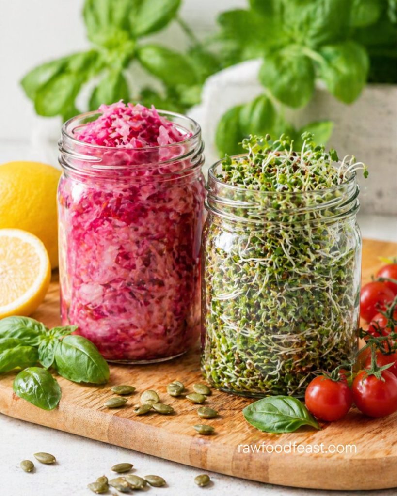Raw sauerkraut and fresh broccoli sprouts in glass jars with lemon, basil, cherry tomatoes, and pumpkin seeds — fermented foods and sprouts for gut health