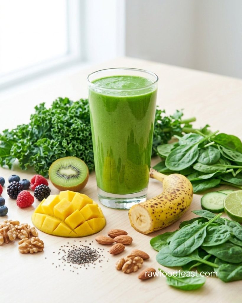 Food combining for digestion — green smoothie with kale, spinach, mango and banana on a light wood surface