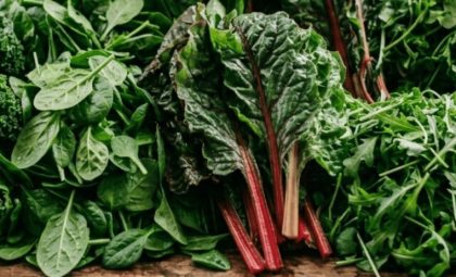 Fresh kale, swiss chard, and leafy greens on a light wood surface — the foods that remove microplastics starting in the gut