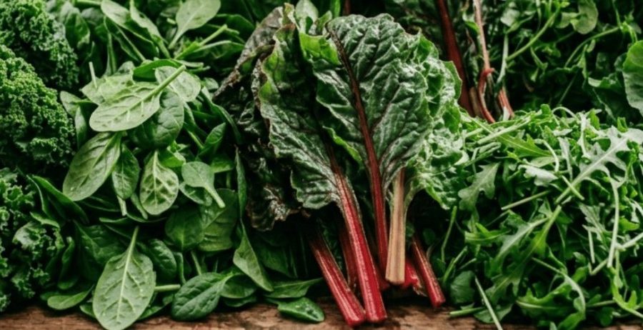 Fresh kale, swiss chard, and leafy greens on a light wood surface — the foods that remove microplastics starting in the gut