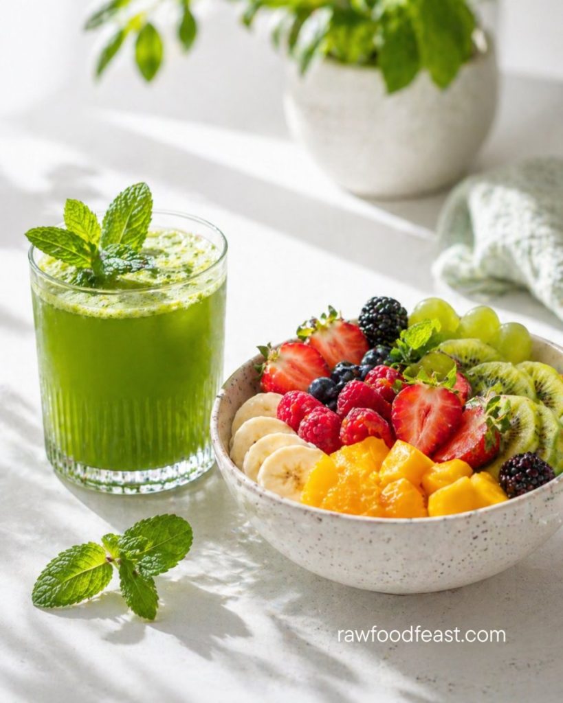 Green juice with fresh mint next to a bowl of sliced banana, mango, kiwi, strawberries, and berries — raw food for serotonin production and gut health
