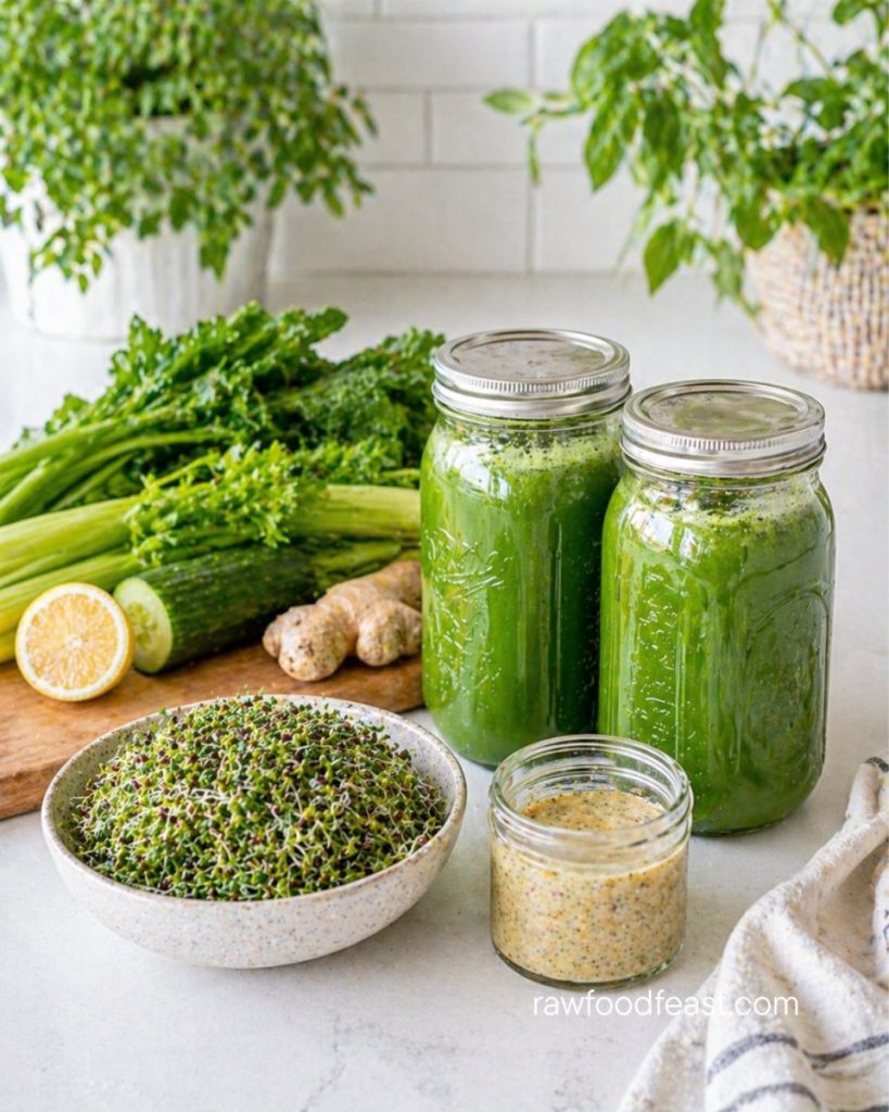 Two mason jars of fresh green juice with a bowl of broccoli sprouts, raw dressing, celery, ginger, and lemon — what sustainable healthy eating looks like every day