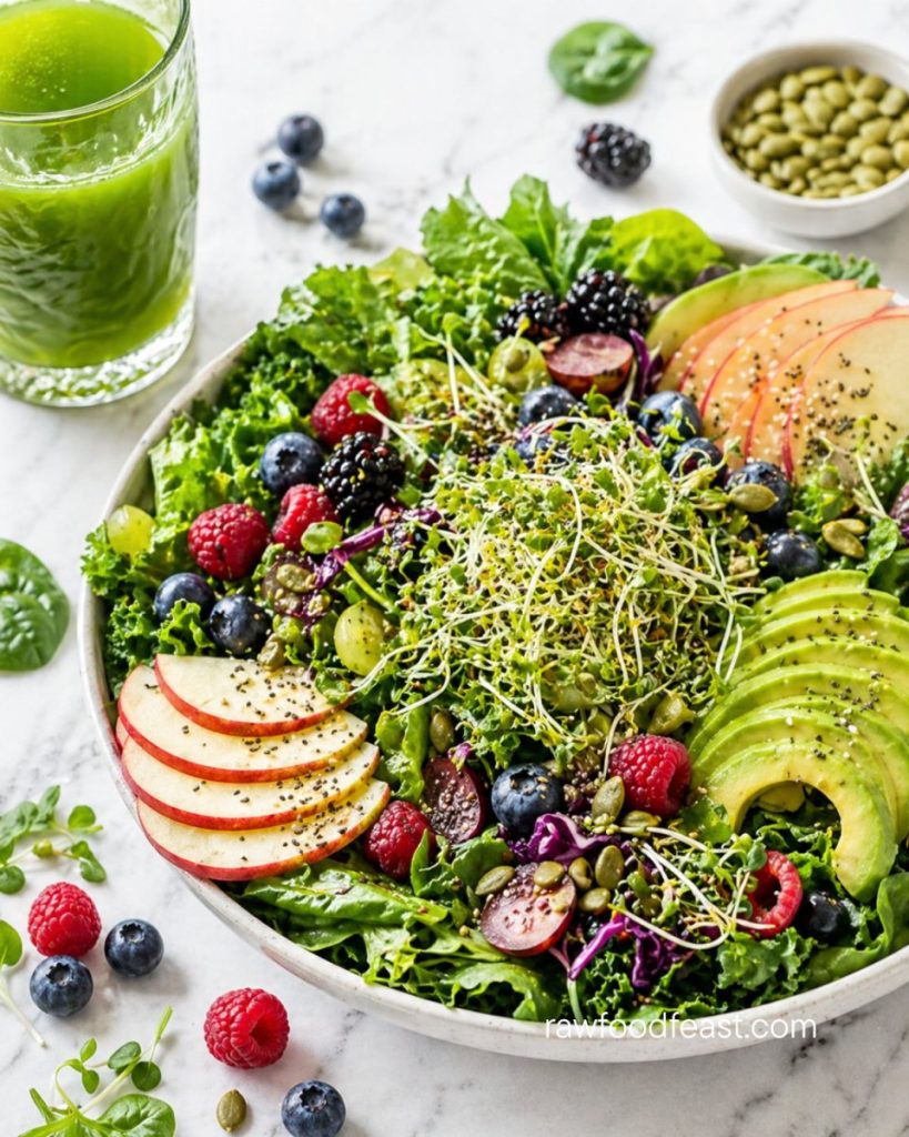 Gut-brain connection — raw salad bowl with leafy greens, sprouts, apple slices, berries, avocado, pumpkin seeds, and chia seeds with a glass of green juice on light marble