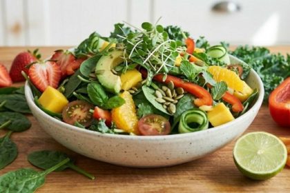 Iron on a raw food diet — vibrant raw food salad bowl with spinach, strawberries, avocado, mango, orange and microgreens on warm natural wood