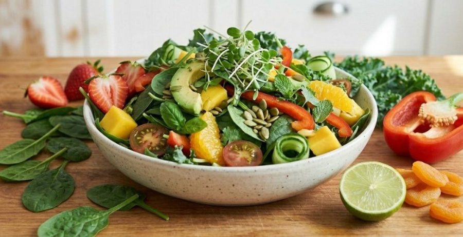 Iron on a raw food diet — vibrant raw food salad bowl with spinach, strawberries, avocado, mango, orange and microgreens on warm natural wood