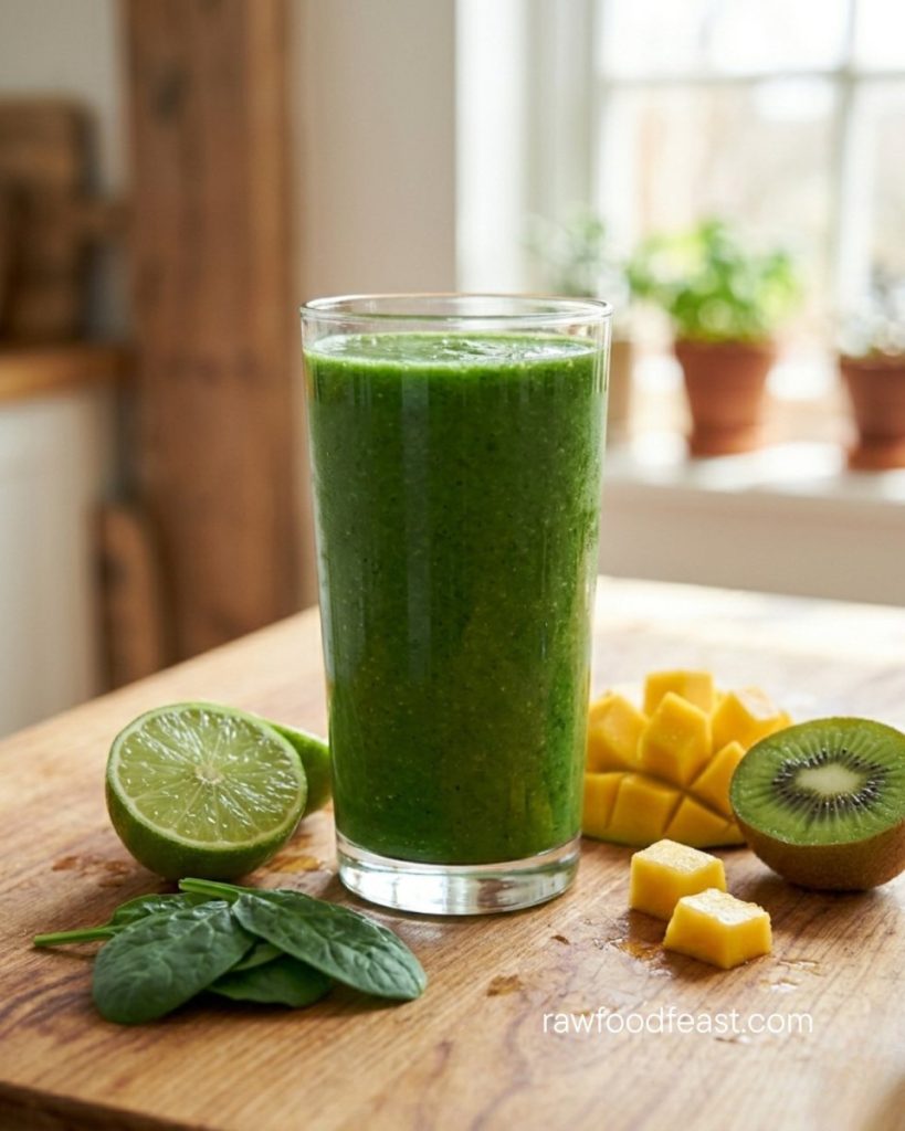 Iron on a raw food diet — green smoothie with lime, mango and kiwi on warm natural woo