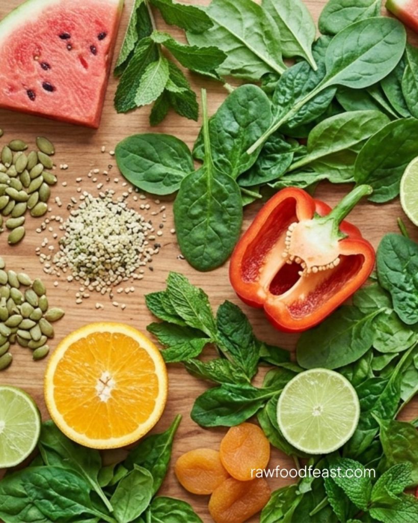 Iron on a raw food diet — spinach, red bell pepper, orange, dried apricots and pumpkin seeds on warm natural wood