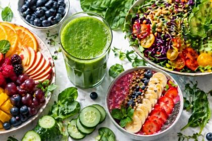 Juicing for weight loss — fresh green juice with colorful fruit bowls, a raw salad with sprouts and dressing, mango, berries, ginger, and leafy greens on a clean white surface