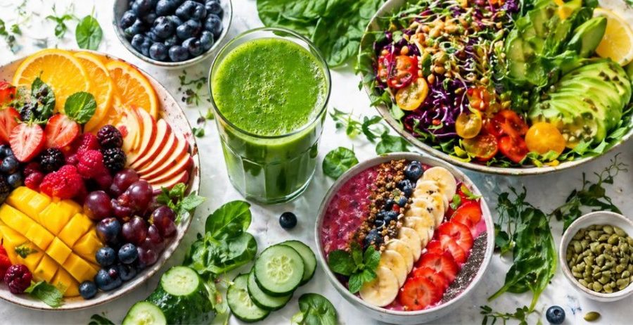 Juicing for weight loss — fresh green juice with colorful fruit bowls, a raw salad with sprouts and dressing, mango, berries, ginger, and leafy greens on a clean white surface