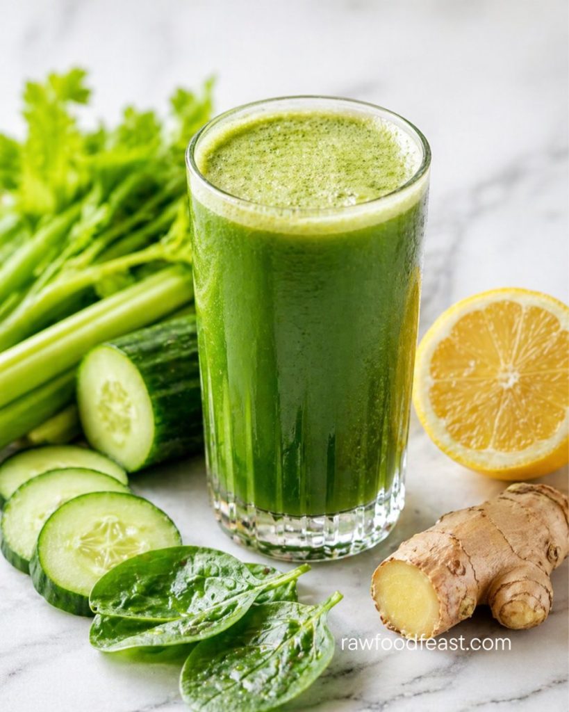 Juicing for weight loss — fresh green juice with celery, cucumber, spinach, lemon, and ginger on light marble