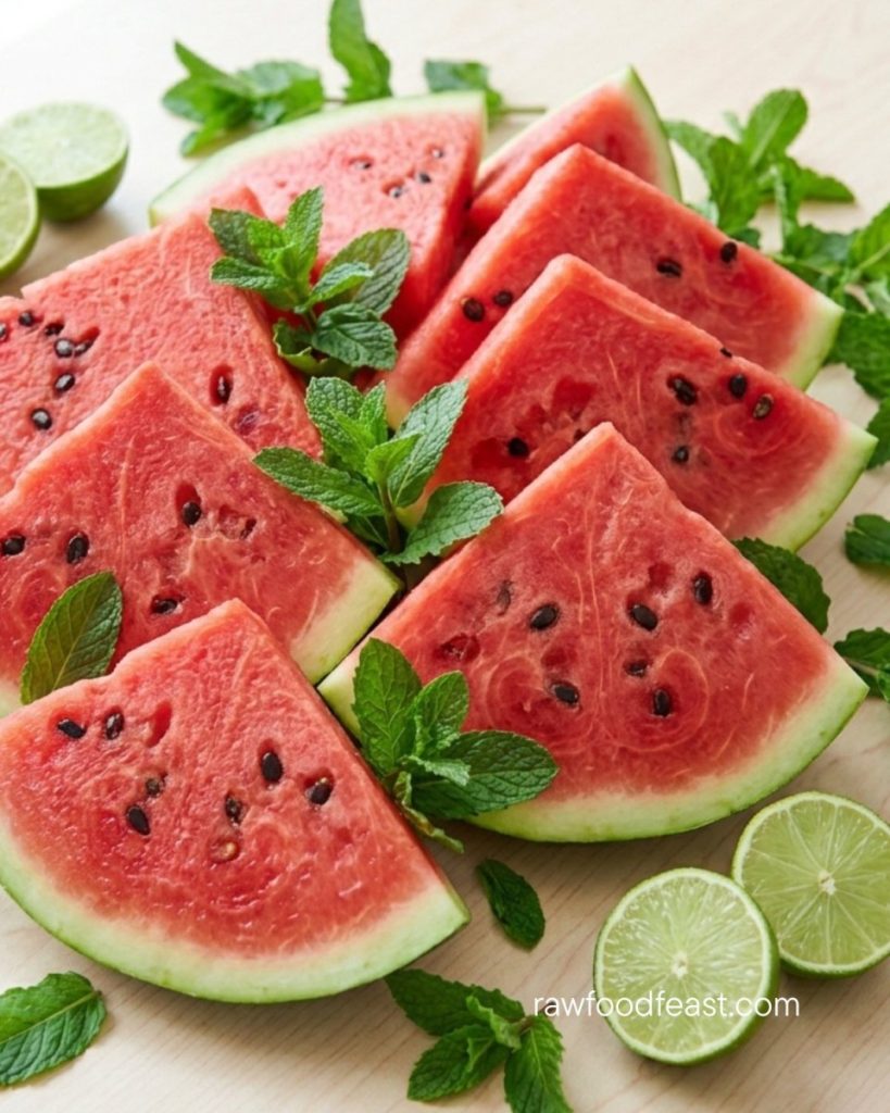 Does food combining work — fresh watermelon slices with mint and lime showing the melons alone rule on a light wood surface
