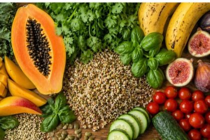 Abundant raw plant foods including leafy greens fruit and sprouts naturally challenging the plant protein myth through whole food variety