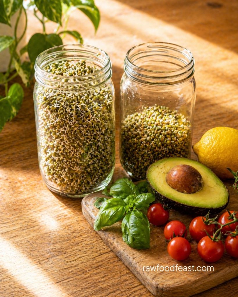 Two glass jars of sprouted lentils at different stages with avocado, lemon, cherry tomatoes, and basil — growing plant protein at home 