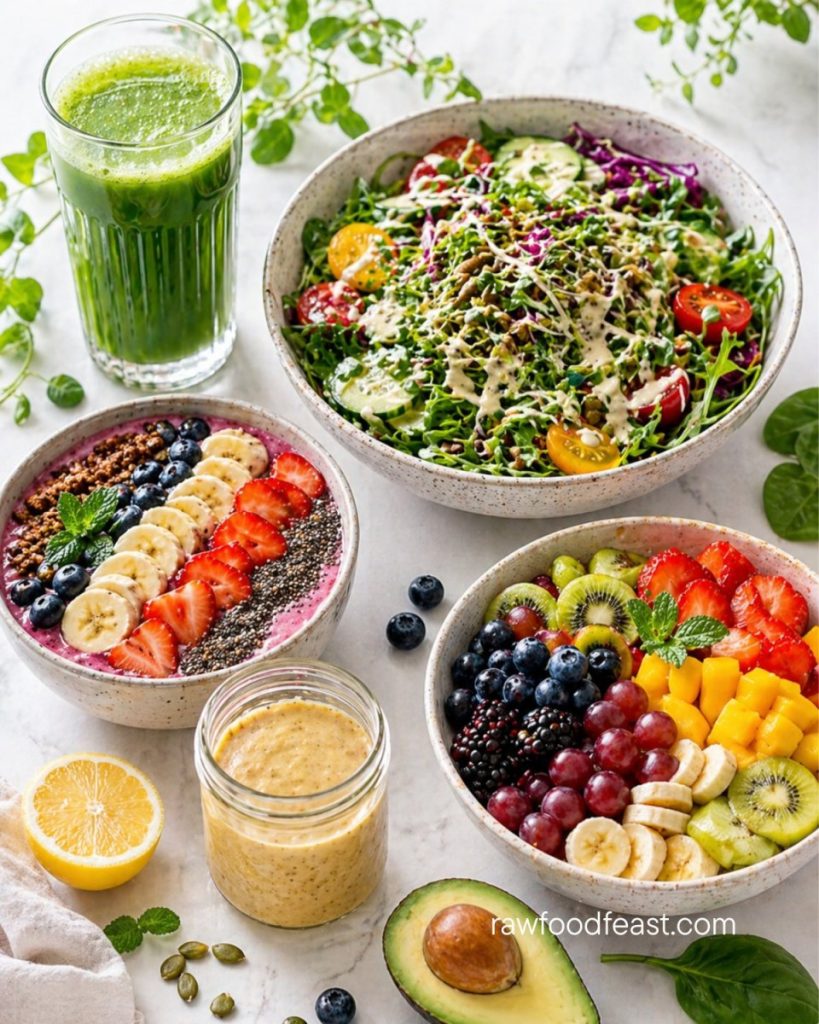 A full day of intentional eating for natural weight loss — green juice, smoothie bowl, raw salad with dressing, fruit bowl, avocado, and pumpkin seeds on light marble