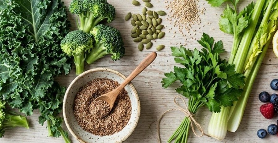 Raw food perimenopause spread — kale, broccoli, celery, seeds, berries, and lemon on a light wood surface
