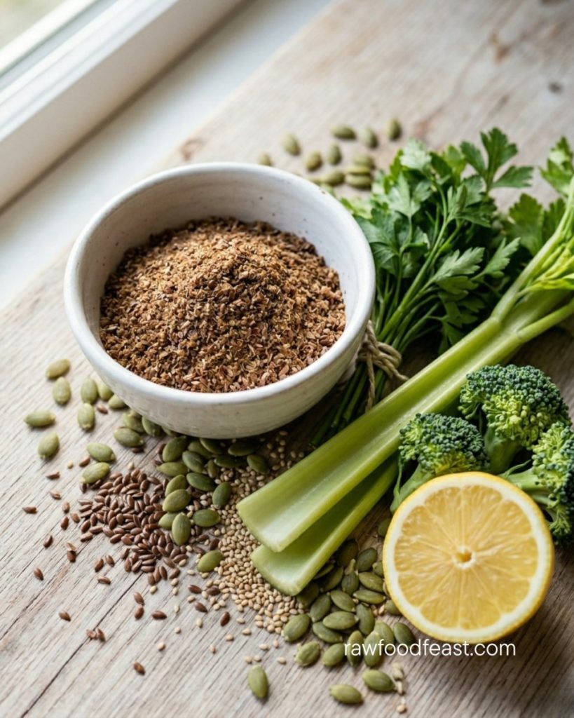 Freshly ground flaxseeds with celery, broccoli, parsley, and seeds — raw foods that support hormone balance during perimenopause