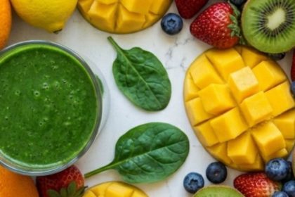 Signs of iron deficiency — green smoothie with fresh mango, kiwi, strawberries, blueberries, and spinach