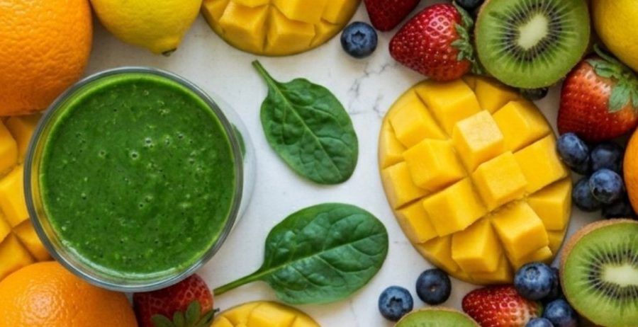 Signs of iron deficiency — green smoothie with fresh mango, kiwi, strawberries, blueberries, and spinach