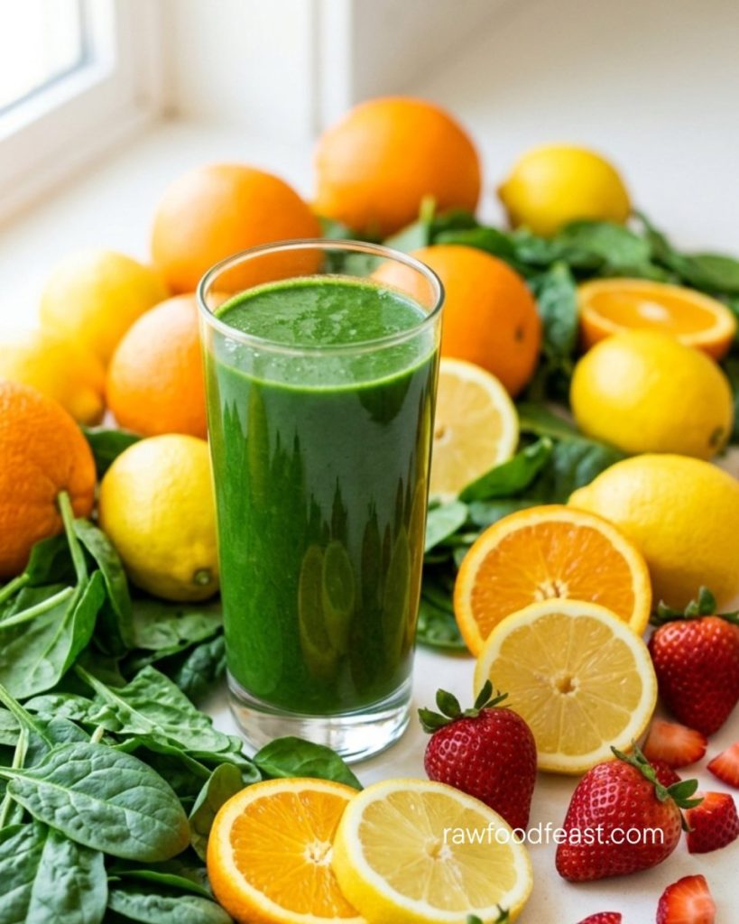 Signs of iron deficiency — green spinach smoothie with oranges, lemons, and strawberries