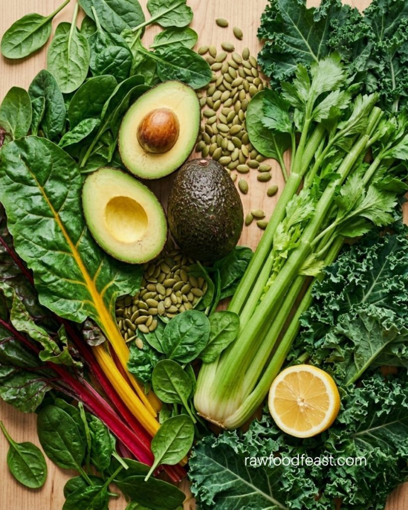 Signs of iron deficiency — iron-rich raw leafy greens with avocado and pumpkin seeds