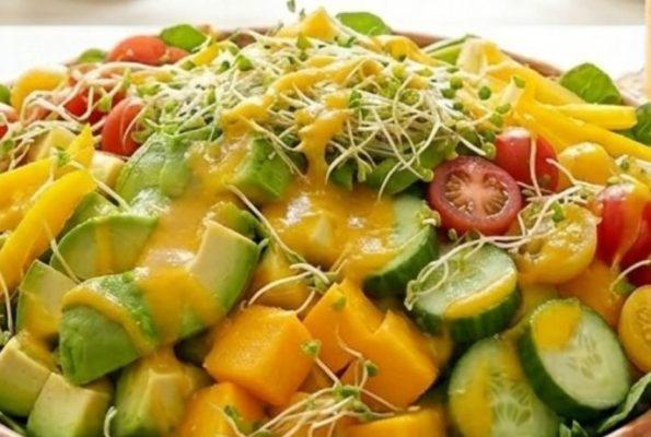 What happens when you eat raw food for 30 days — vibrant salad bowl with mango, avocado, cucumber, cherry tomatoes, and fresh sprouts
