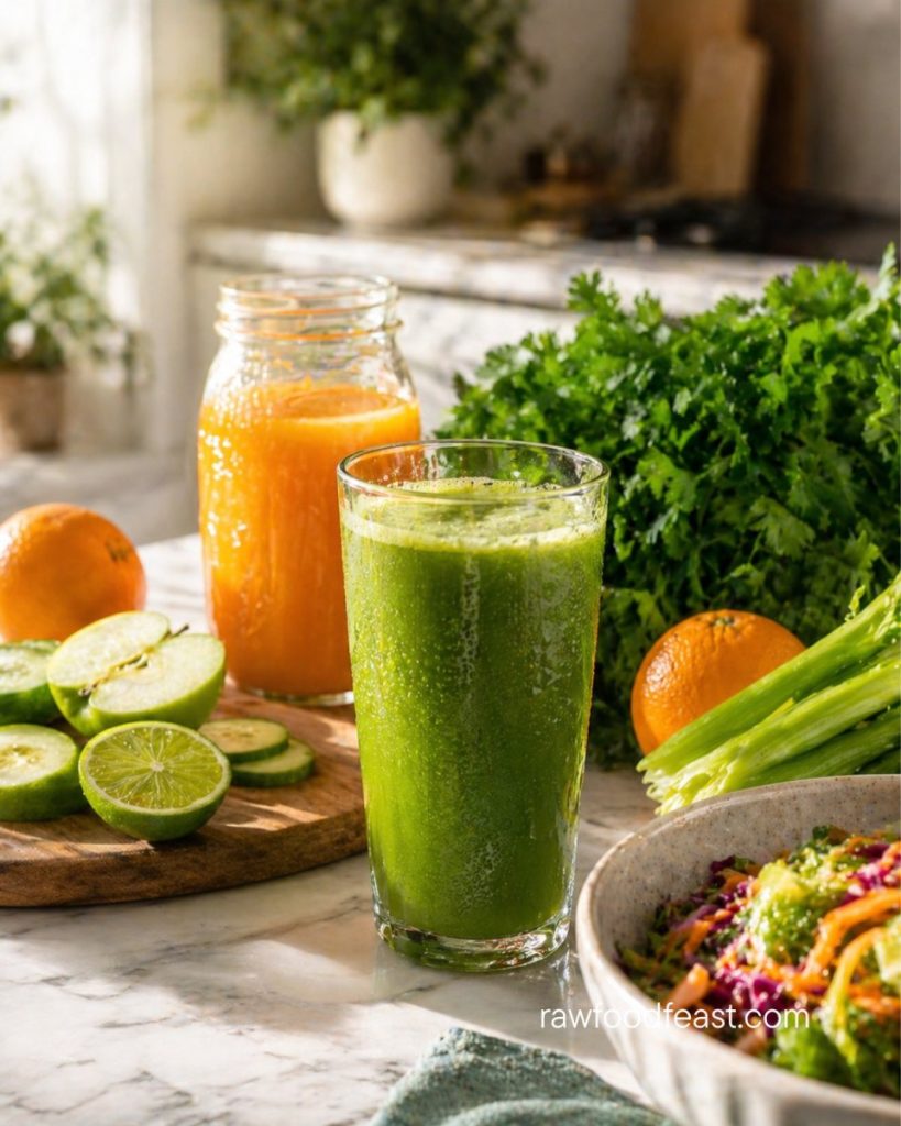 Batch juicing in action — a tall glass of fresh green juice with a mason jar of orange juice, parsley, celery, cucumber, lime, and a raw salad bowl on a kitchen counter