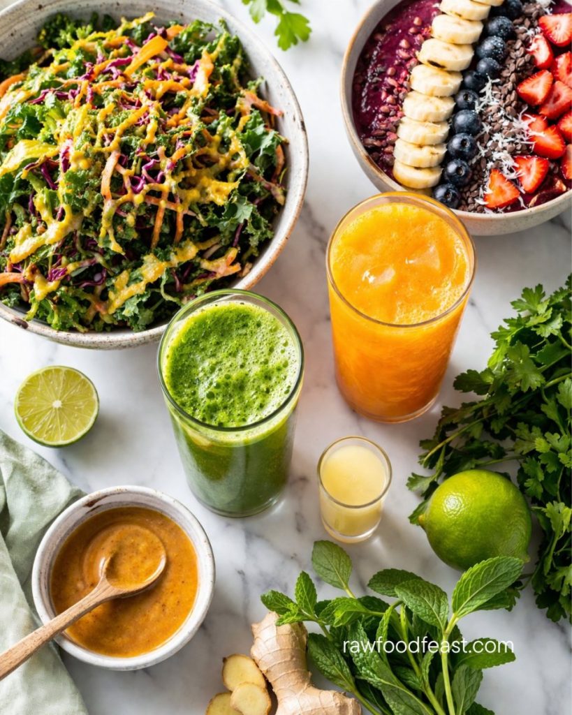 A full batch juicing morning — green juice, orange juice, ginger shot, raw salad with dressing, and a smoothie bowl with fresh fruit on white marble