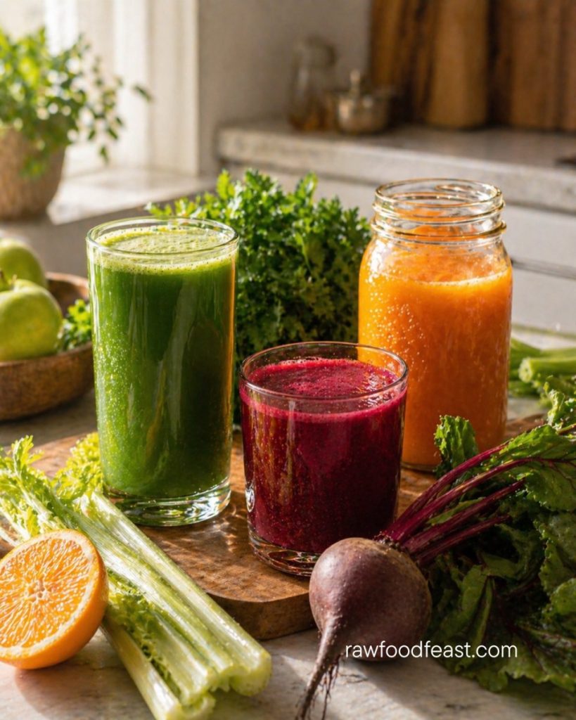 Batch juicing variety — fresh green juice, beet juice, and orange juice in glasses on a wooden cutting board with celery, beet, kale, and orange